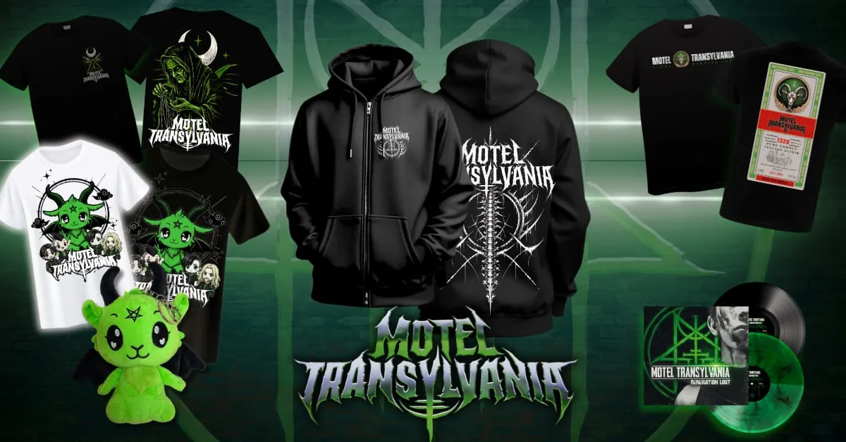 The 2026 merch collection: Spine zip hoodie, Cute As Hell and witch t-shirts, Unholy Elixir t-shirt, baby goat plush keychain and the Generation Lost vinyl